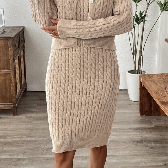 Khaki Casual Women's Button Front Cardigan & Jumper Dress 2-Piece Set - Picture 4 of 6